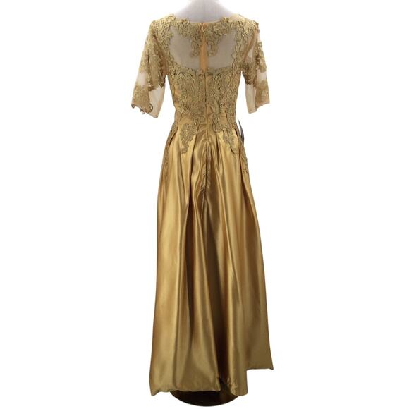 FORMAL 12 L gold mother of bride satin lace sleeves formal maxi dress NEW B112 - Picture 2 of 7